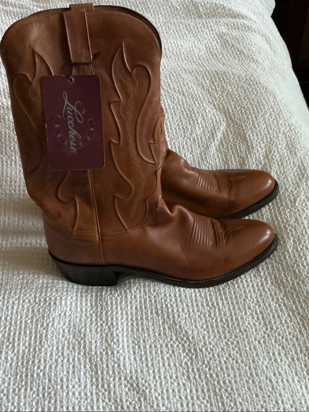 Lucchese Brown Leather Western Cowboy Boots with Decorative Stitching
